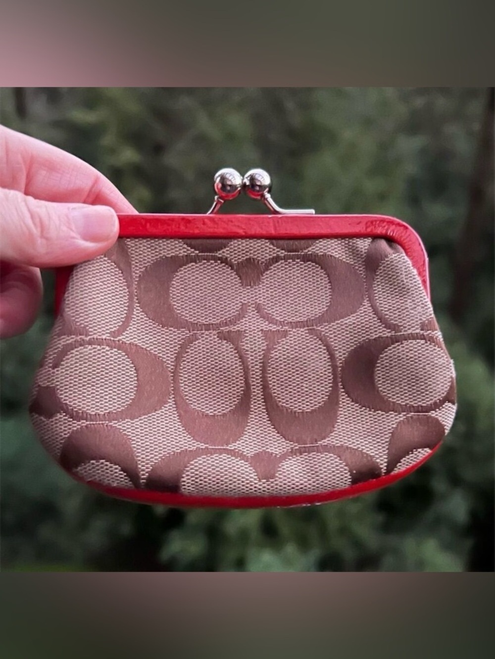 VINTAGE COACH Kisslock Coin Pouch Wallet Tan Jacquard w Red Leather w Silver